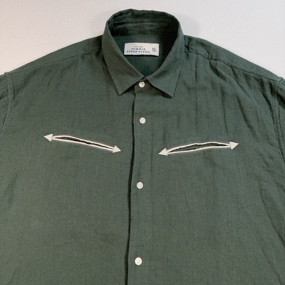 Abercrombie & Fitch Summer Linen Blend Shirt‎ Men's XL Green Pockets Embroidery - Picture 3 of 15